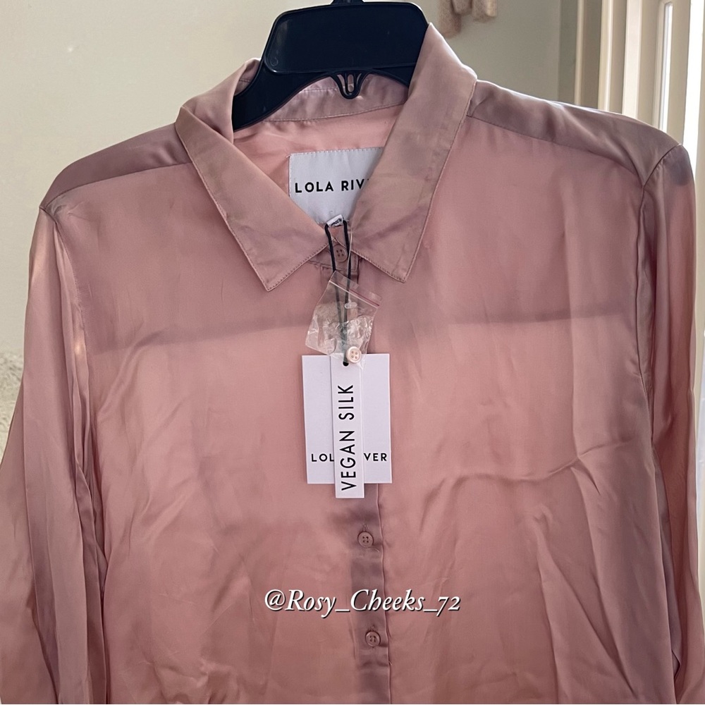LOLA RIVER Vegan Silk Button Down Long Sleeve Blouse - Picture 3 of 5